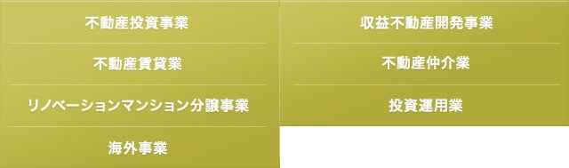 不動産投資事業　収益不動産開発事業　不動産賃貸業　不動産仲介業　リノベーションマンション分譲事業　投資運用業　海外事業